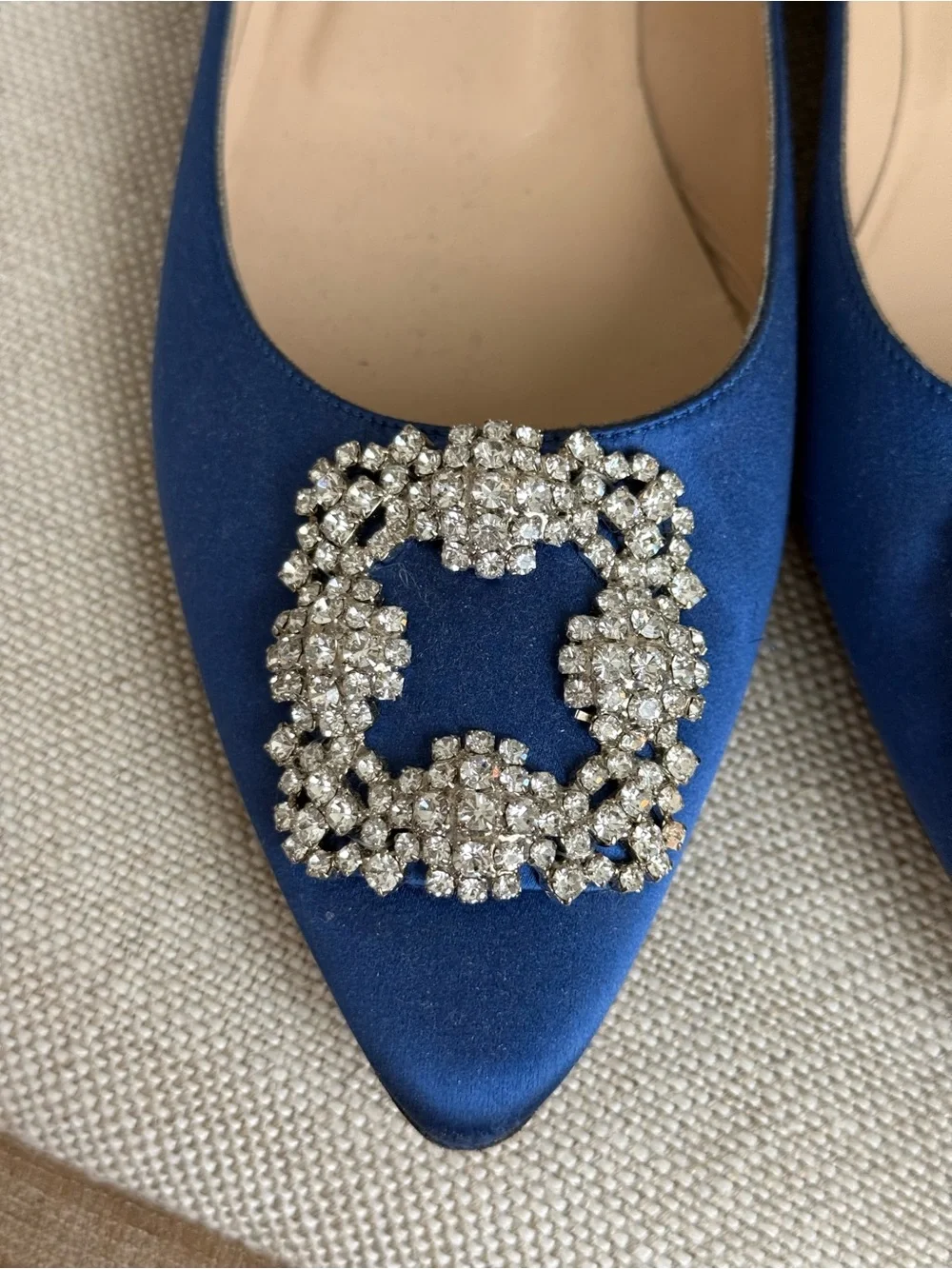 Manolo Blahnik Blue Satin Jewel Buckle Flat Pumps